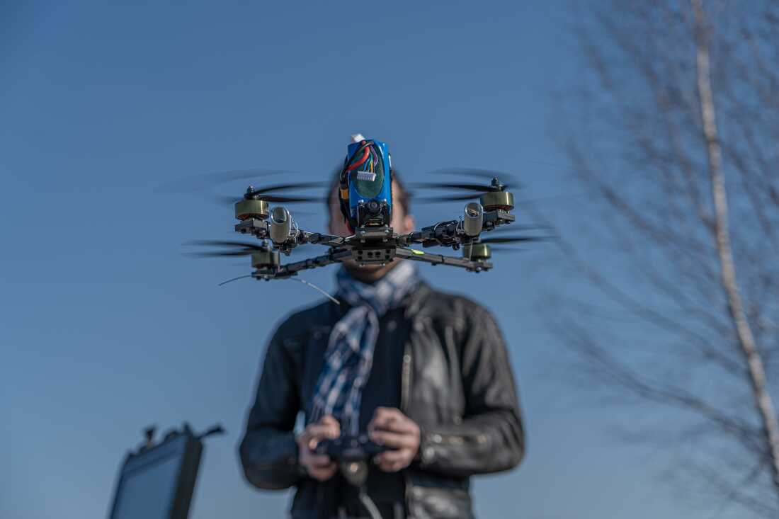 Serhii, head of Vyriy production company operating fpv drone on testing field in Kyiv on 21 March 21, 2025.