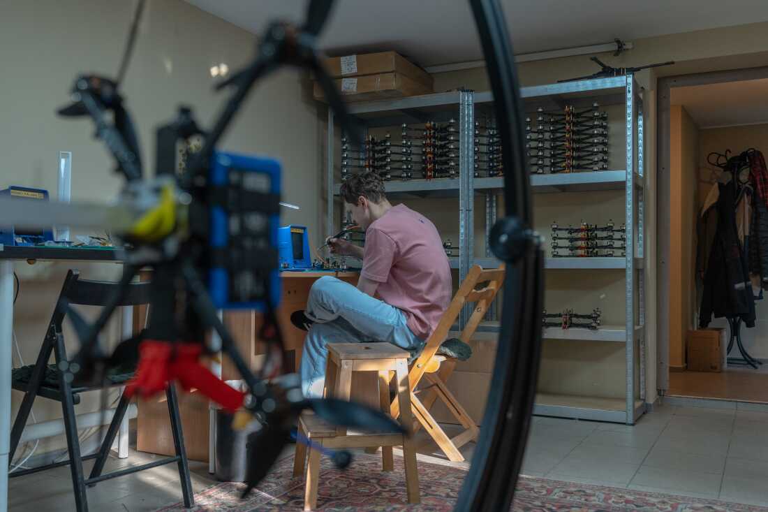 Oleh Halaidych, 34, scientist, documentary filmmaker, volunteer solder fpv dron in "Klyn drones" workshop.