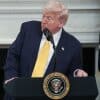 President Trump addresses Maine Democratic Gov. Janet Mills after she said, "See you in court" over the issue of trans women in sports at a meeting of governors at the White House on Feb. 21.