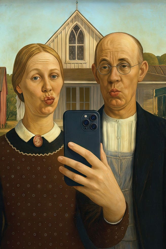 illustration based on Grant Wood's painting "American Gothic" with farmer and his wife pursing their lips and taking a smartphone selfie
