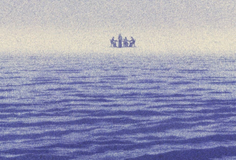 illustration of vast open ocean with hallucinated group of seated people in far distance levitating over the horizon