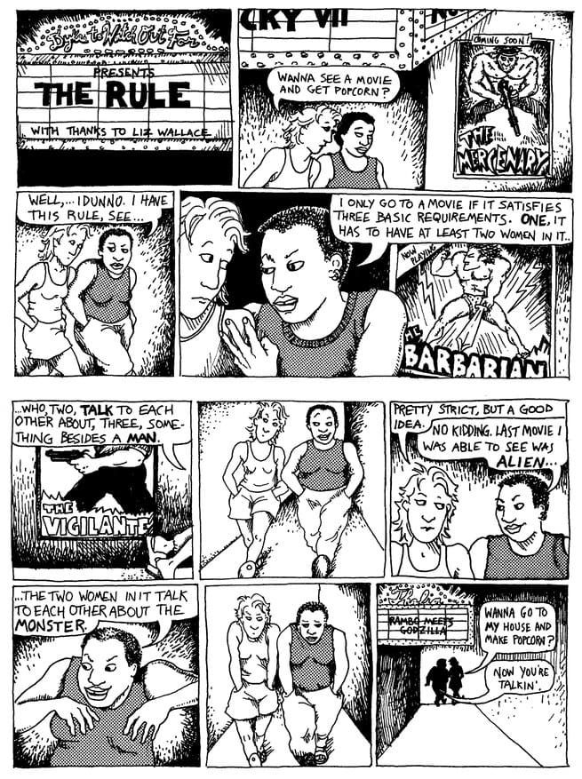 black-and-white multi-panel comic about the Bechdel 'rule' in which a movie must have at least two women in it